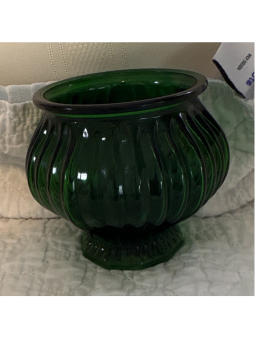 E.O. Brody Co M500 Green Pressed Glass Ribbed Pedestal Round Bowl